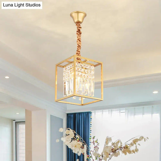 Crystal Cube Metal Cage Pendant Light For Dining Room Ceiling