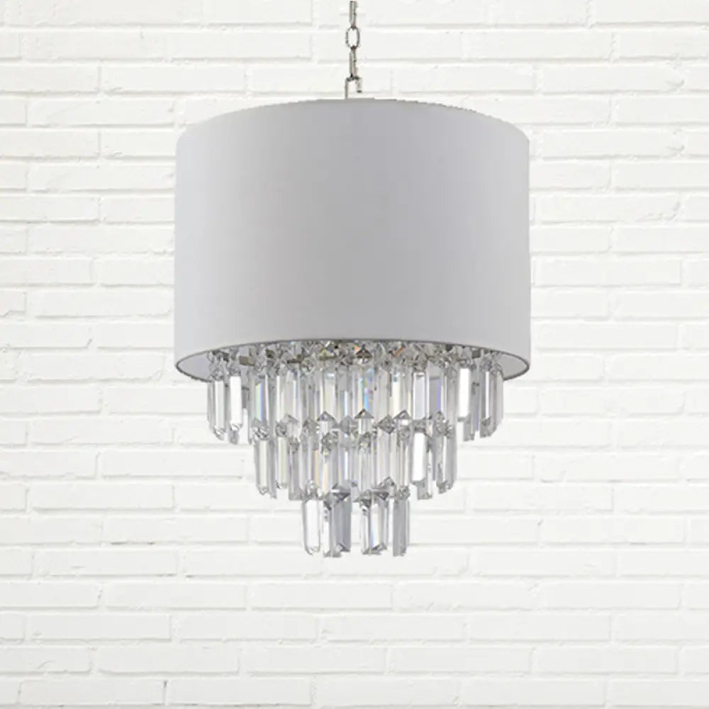 Crystal Deco Drum Pendant Light For Modern Kitchen - White Fabric