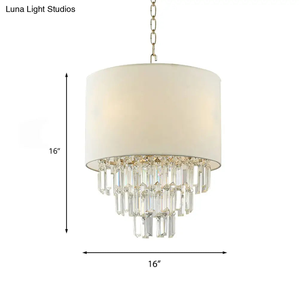 Crystal Deco Drum Pendant Light For Modern Kitchen - White Fabric