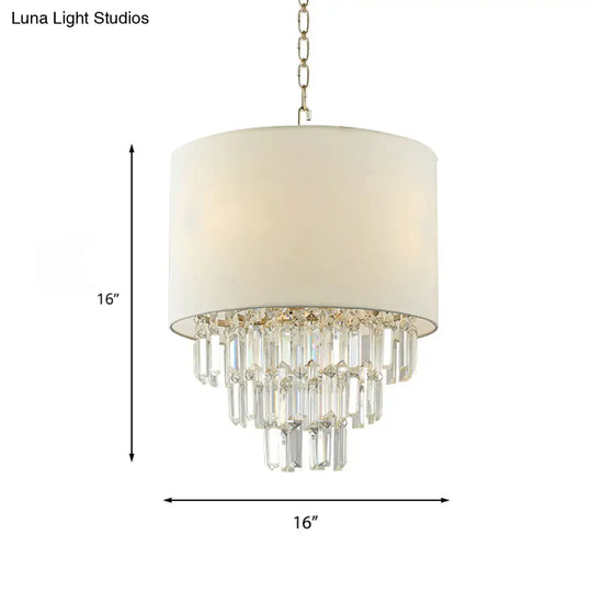 Crystal Deco Drum Pendant Light For Modern Kitchen - White Fabric