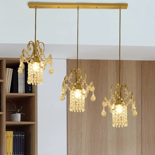 Crystal Drip Cylindrical Island Pendant - Minimalist Brass Suspension Lamp For Dining Table