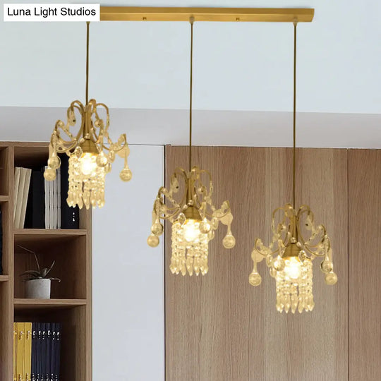 Minimalist Brass Cylindrical Island Pendant Light With Crystal Drip - 3 Bulb Suspension Lamp