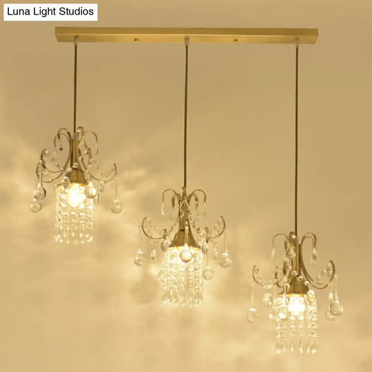 Minimalist Brass Cylindrical Island Pendant Light With Crystal Drip - 3 Bulb Suspension Lamp