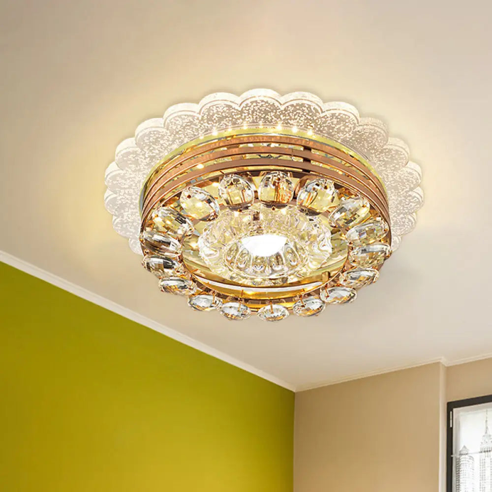 Crystal Drop Gold Flushmount Light With Led Scalloped Edge & Metal Round Design - Minimalist