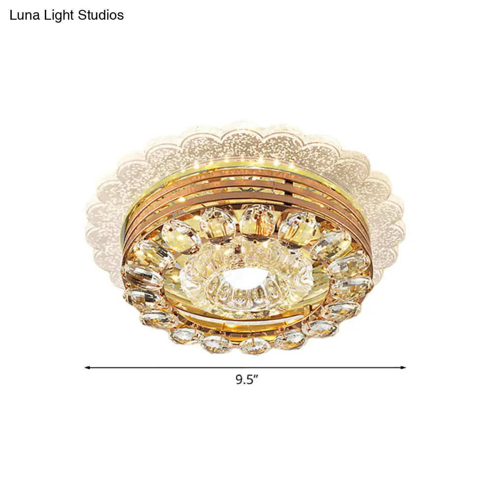Crystal Drop Gold Flushmount Light With Led Scalloped Edge & Metal Round Design - Minimalist