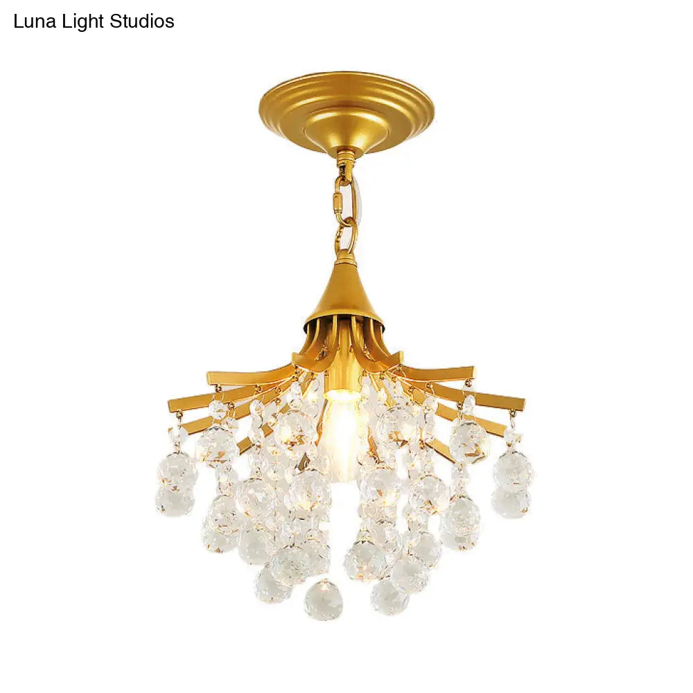Metal Chandelier With Crystal Drop And Bare Bulb Design Gold