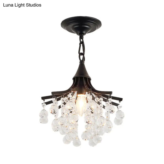 Metal Chandelier With Crystal Drop And Bare Bulb Design Black
