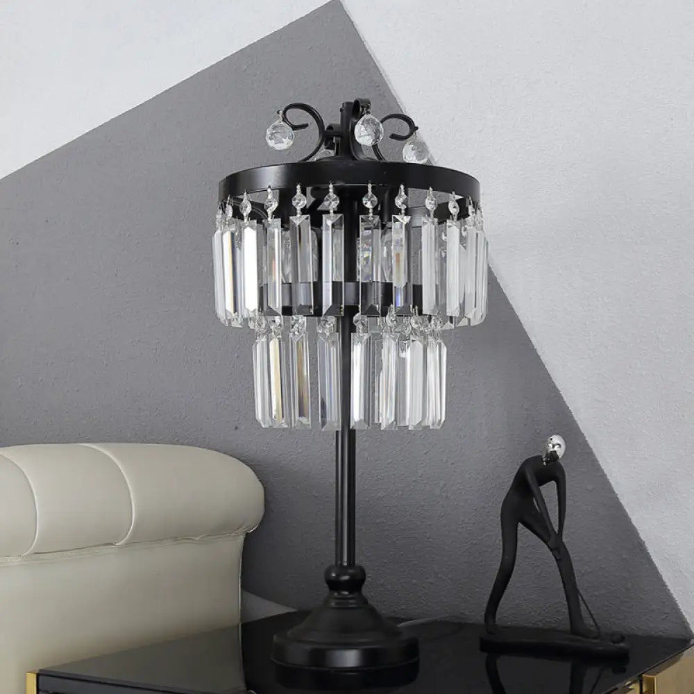 Crystal Dual-Layered Drum Table Lamp - Traditional Bedchamber Night Light (Black) Black