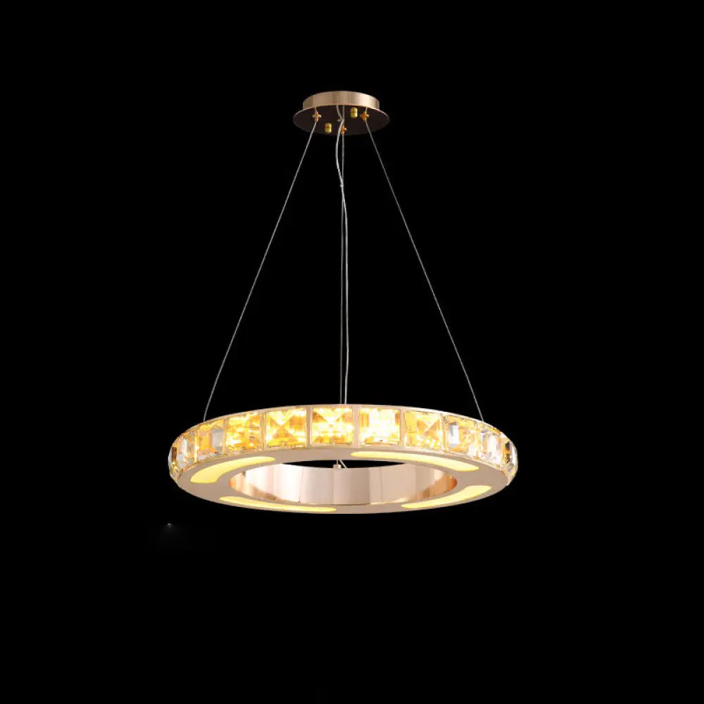 Crystal-Embedded Led Chandelier Ring Pendant Light For Living Room With Gold Finish / 15.5’
