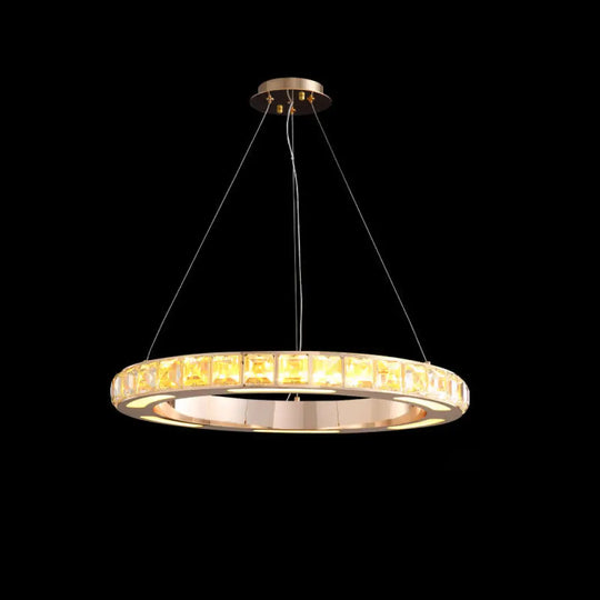 Crystal-Embedded Led Chandelier Ring Pendant Light For Living Room With Gold Finish / 23.5’