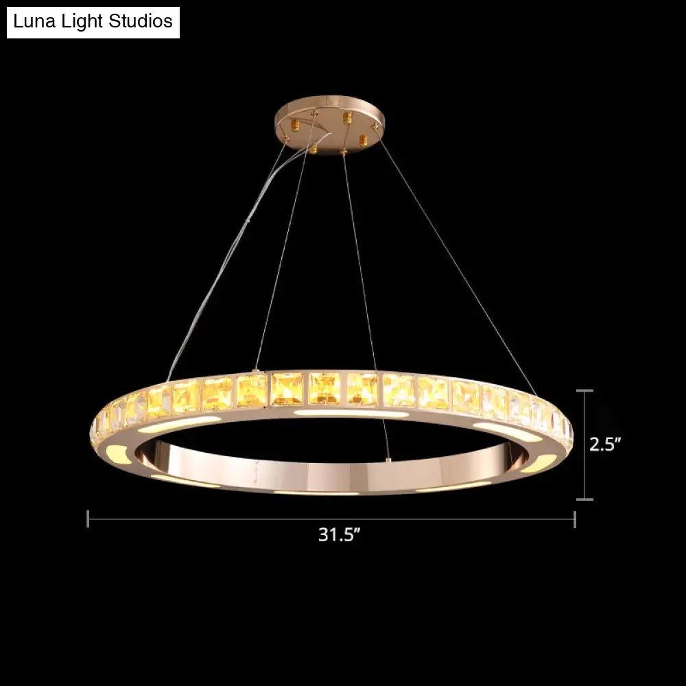 Crystal-Embedded Led Chandelier Ring Pendant Light For Living Room With Gold Finish