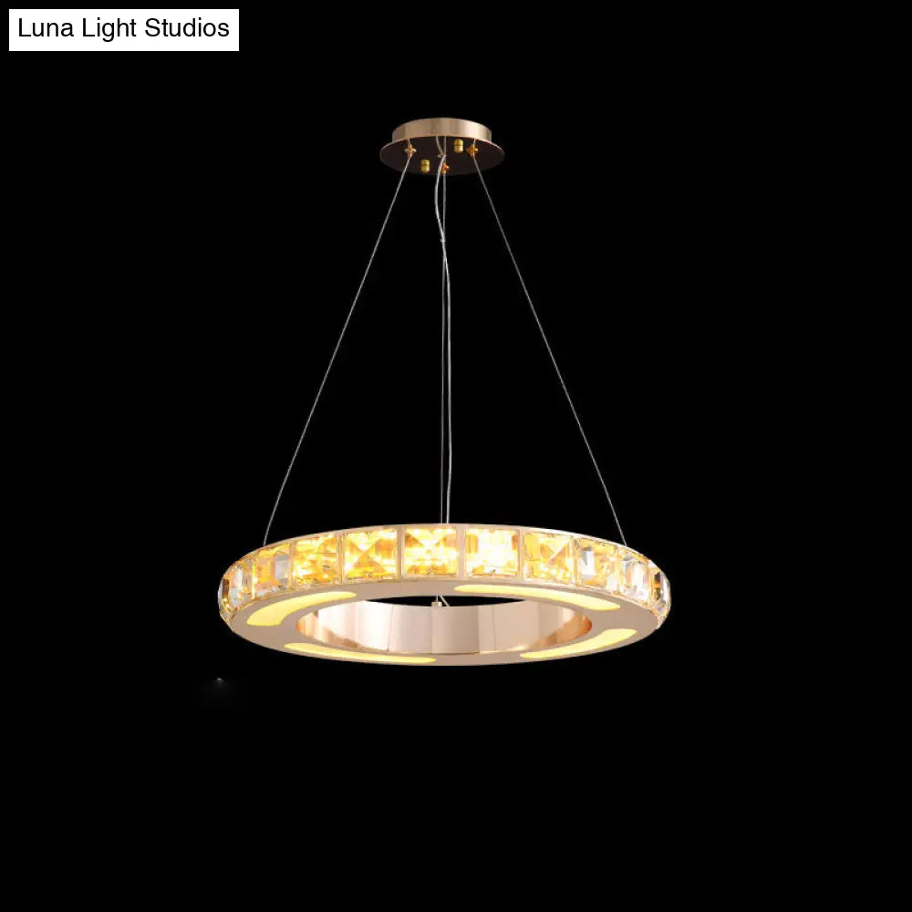 Crystal Embedded Gold Ring Chandelier With Led Pendant Light For Living Room / 15.5