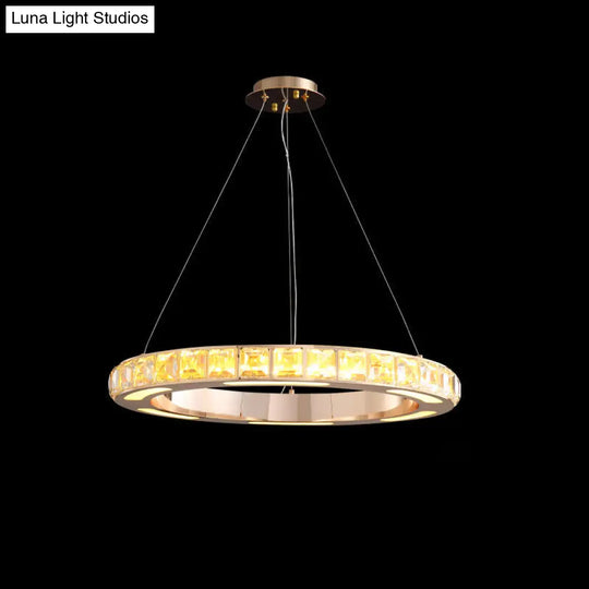 Crystal Embedded Gold Ring Chandelier With Led Pendant Light For Living Room / 23.5