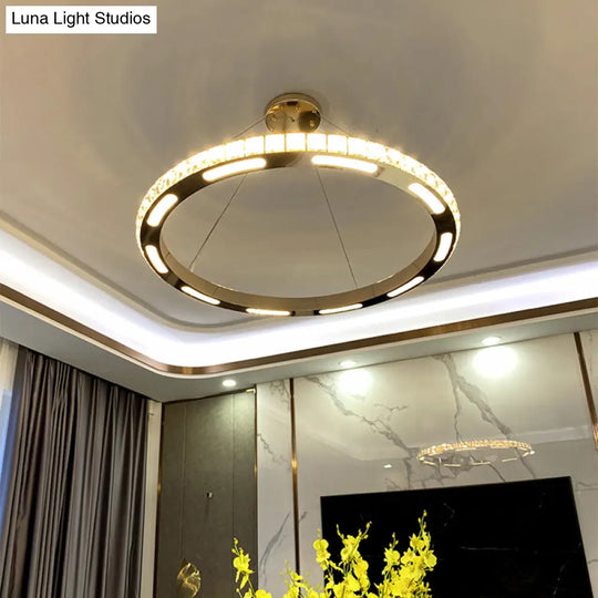 Crystal-Embedded Led Chandelier Ring Pendant Light For Living Room With Gold Finish