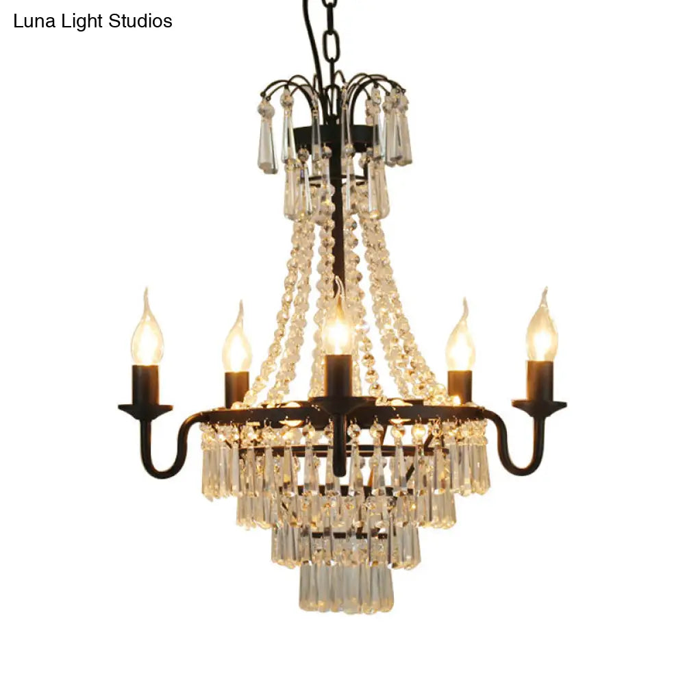 Crystal Empire Chandelier 5-Light Country Black Pendant Lighting With Exposed Bulbs For Living Room