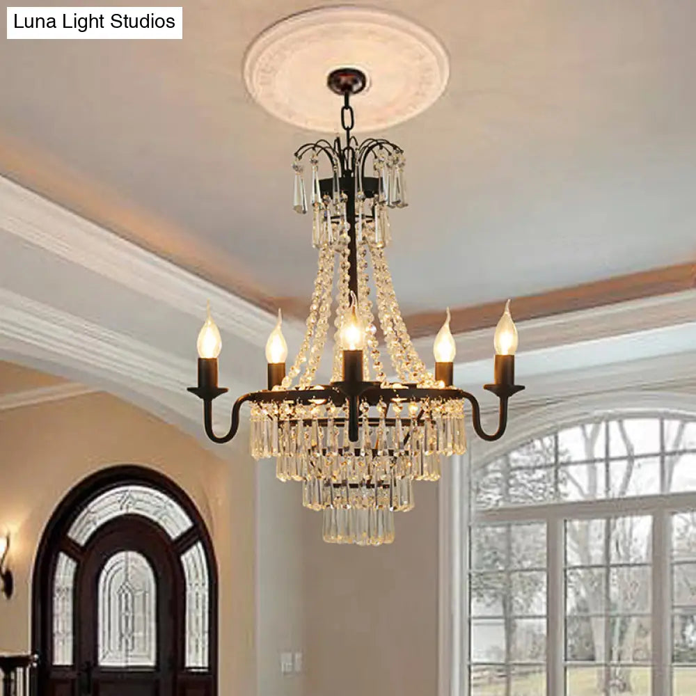 Crystal Empire Chandelier 5-Light Country Black Pendant Lighting With Exposed Bulbs For Living Room