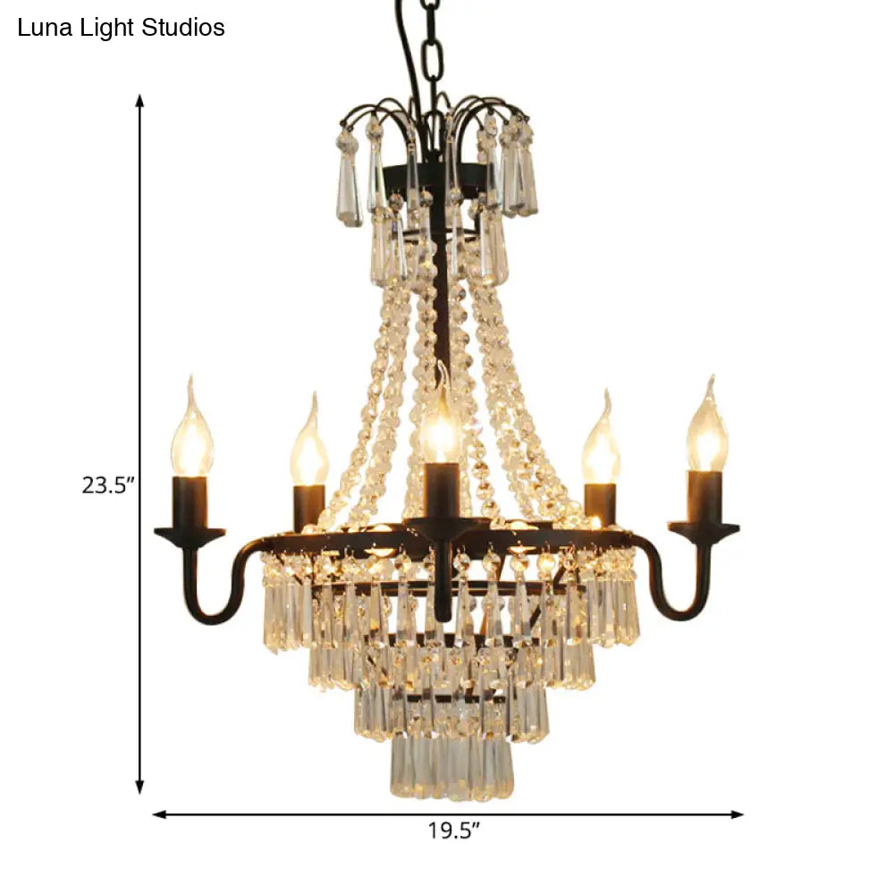 Crystal Empire Chandelier 5-Light Country Black Pendant Lighting With Exposed Bulbs For Living Room