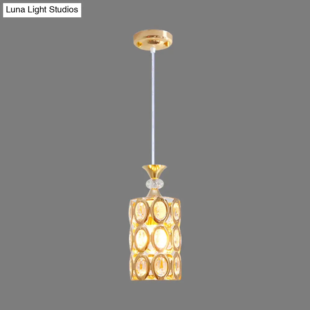 Crystal-Encrusted Cylinder Pendant Light With Gold Finish Suspension - Modern And Elegant