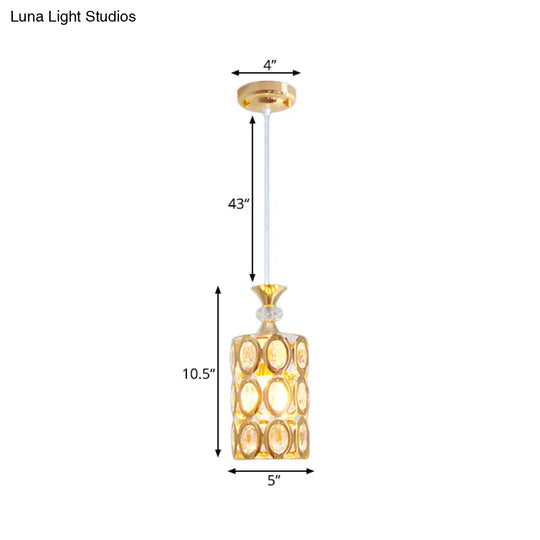 Crystal-Encrusted Cylinder Pendant Light With Gold Finish Suspension - Modern And Elegant