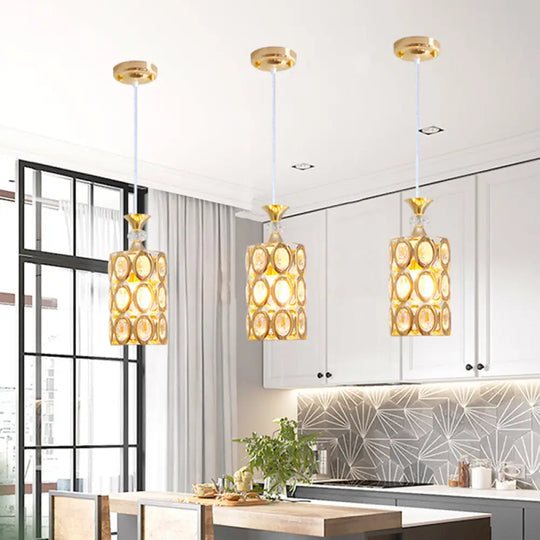 Crystal-Encrusted Cylinder Pendant Light With Gold Finish Suspension - Modern And Elegant