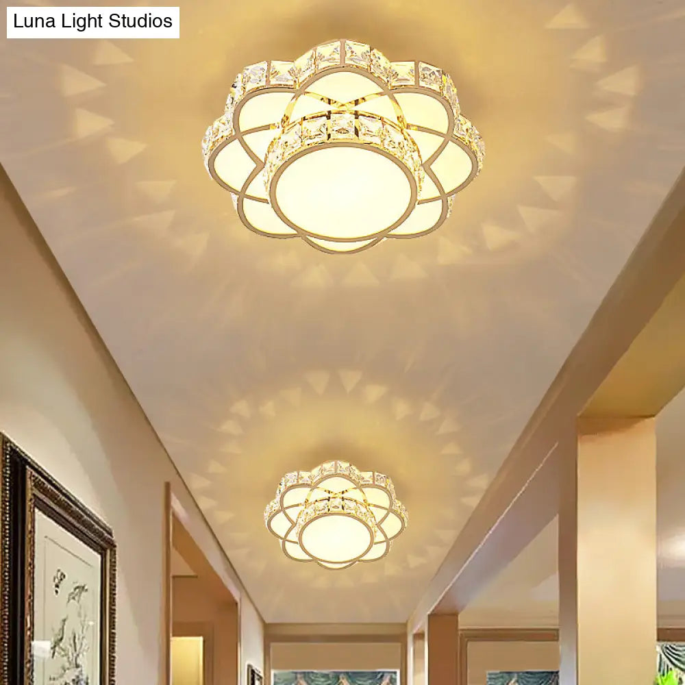 Crystal - Encrusted Gold Flush Mount Ceiling Light With Contemporary Floral Design And Led