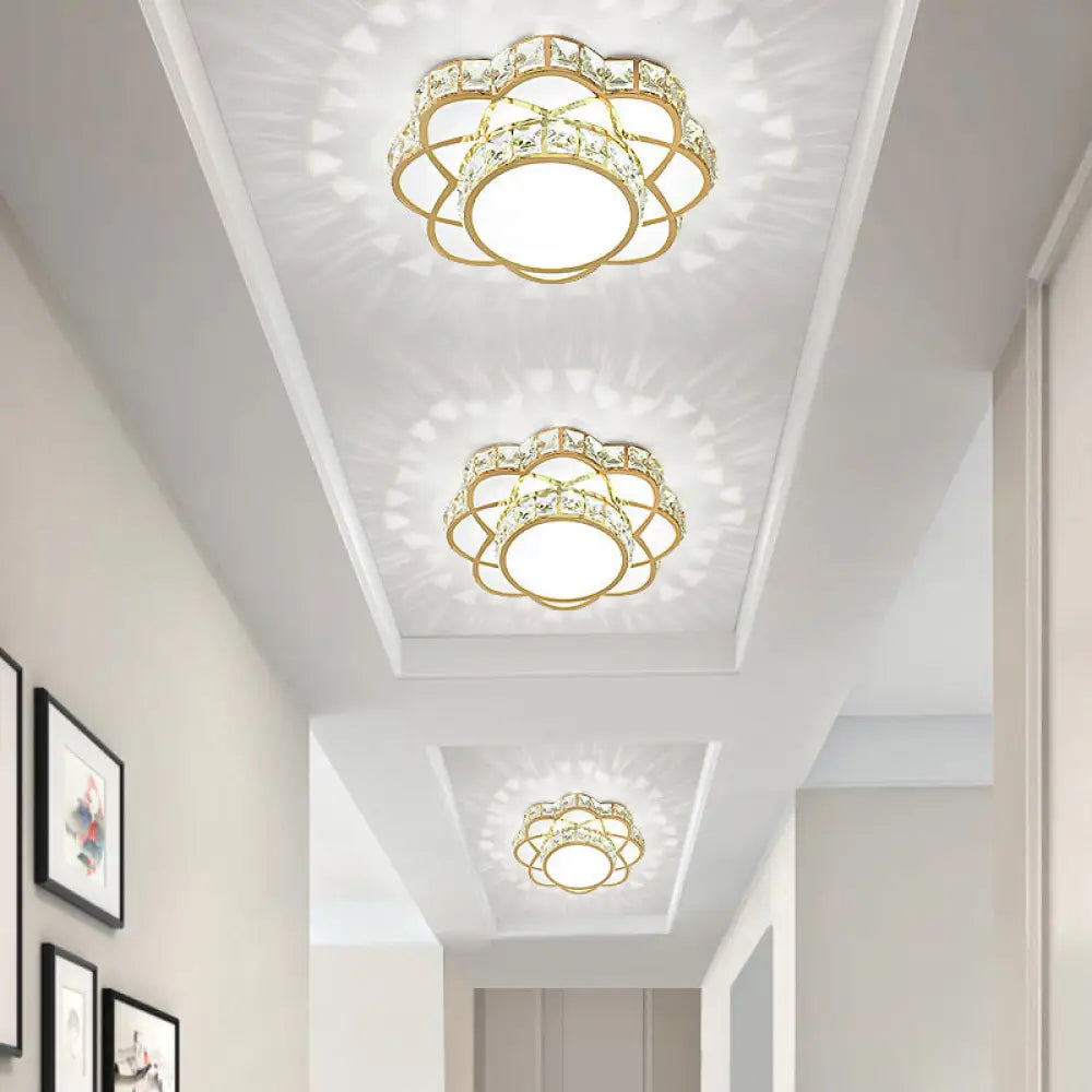 Crystal - Encrusted Gold Flush Mount Ceiling Light With Contemporary Floral Design And Led