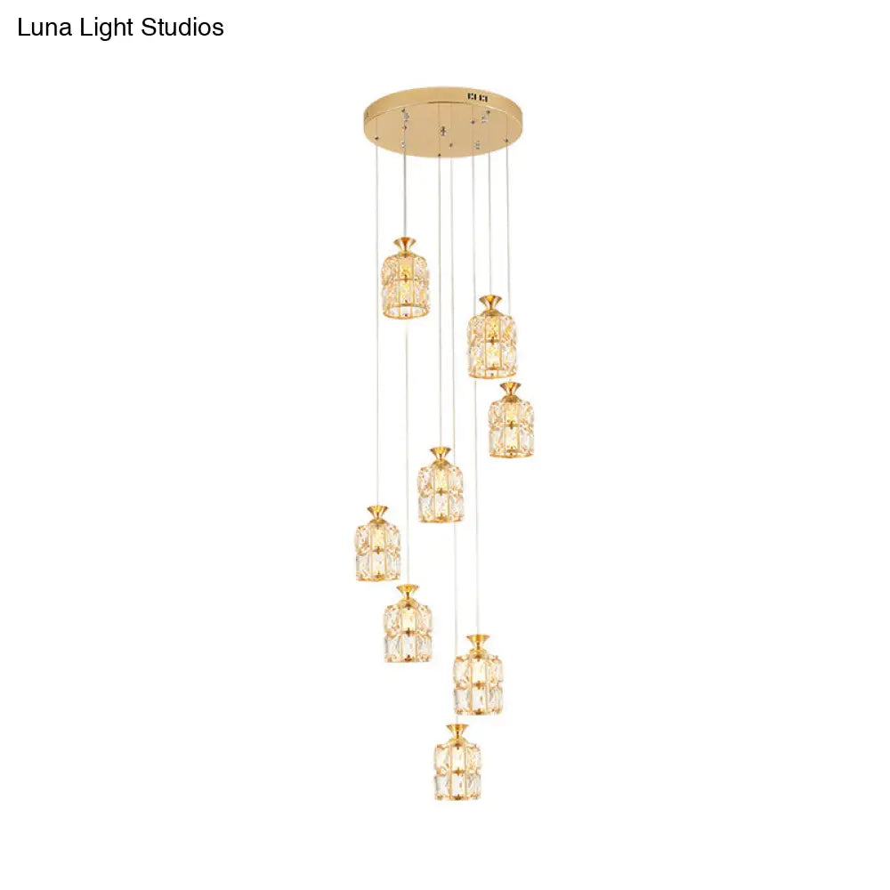 Modern Crystal Block 8-Light Pendant With Gold Cylindrical Pendulum