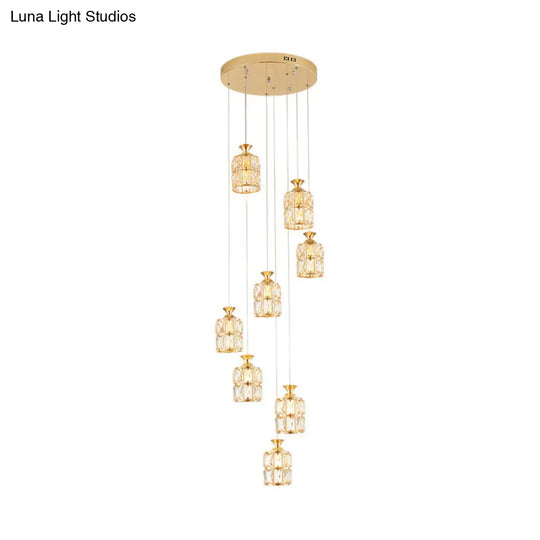 Modern Crystal Block 8-Light Pendant With Gold Cylindrical Pendulum