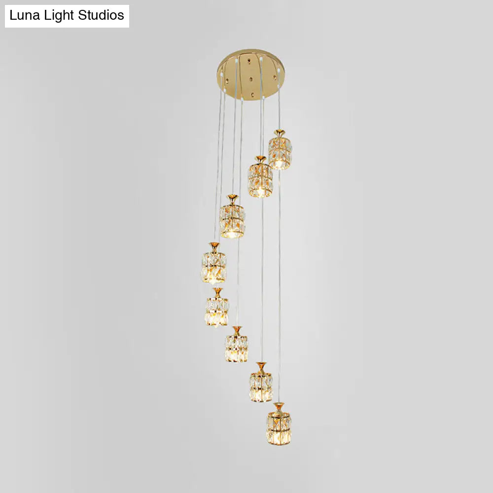 Modern Crystal Block 8-Light Pendant With Gold Cylindrical Pendulum