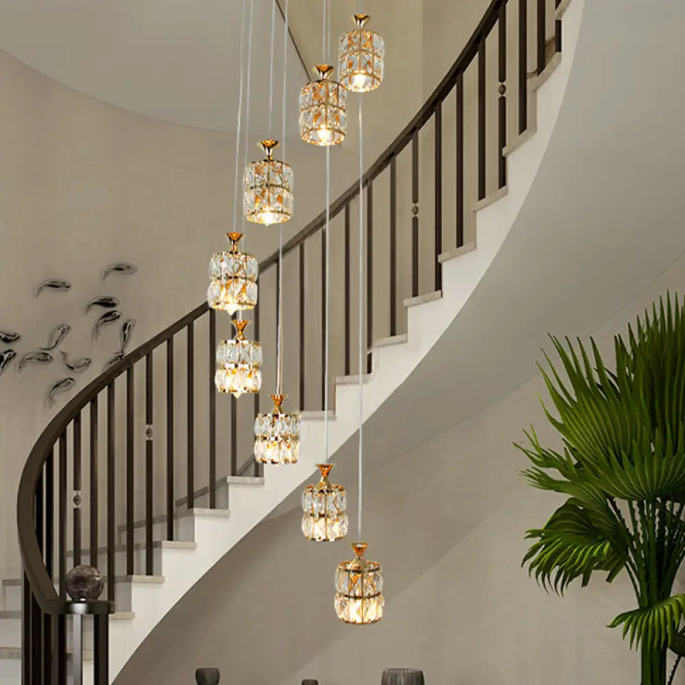 Crystal-Encrusted Gold Pendant Light With Contemporary Design - 8-Light Cluster