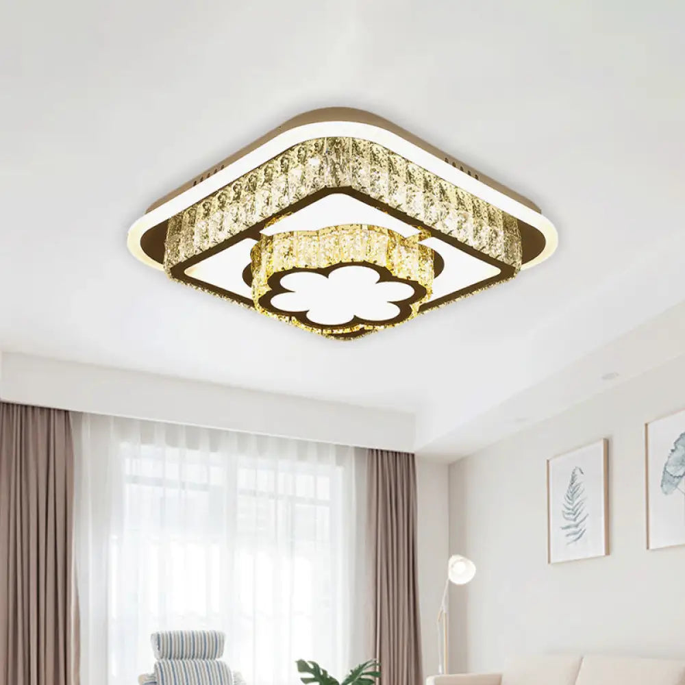 Crystal - Encrusted Led Flushmount Ceiling Light For Bedroom - Modernist White Square And