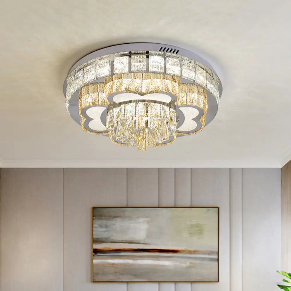 Crystal Faceted Cut Ceiling Flush Mount Led Light In Chrome For Modernist Living Room / D