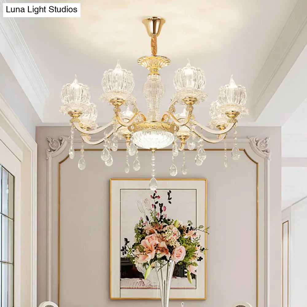 Crystal Flower Ceiling Chandelier With Clear Draping - Traditional Living Room Lighting