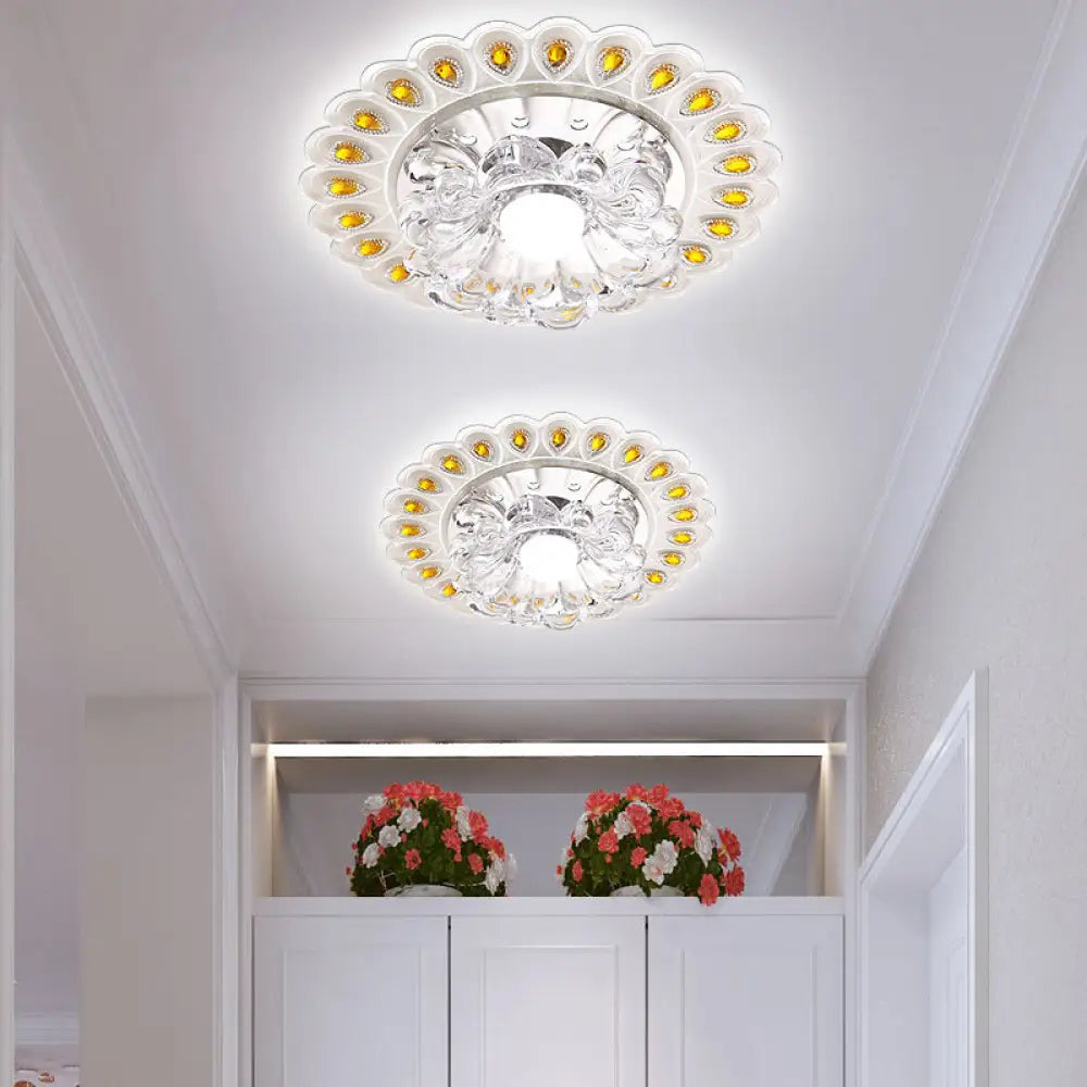 Crystal Flower Flush Ceiling Light With Led - Modern Style Clear / White