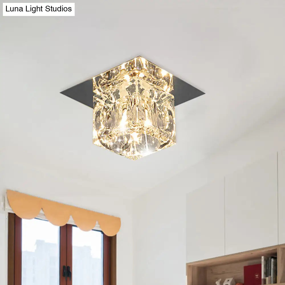 Crystal Flush Mount Led Ceiling Lamp With Beveled Square Design Chrome Finish - Warm/White Light