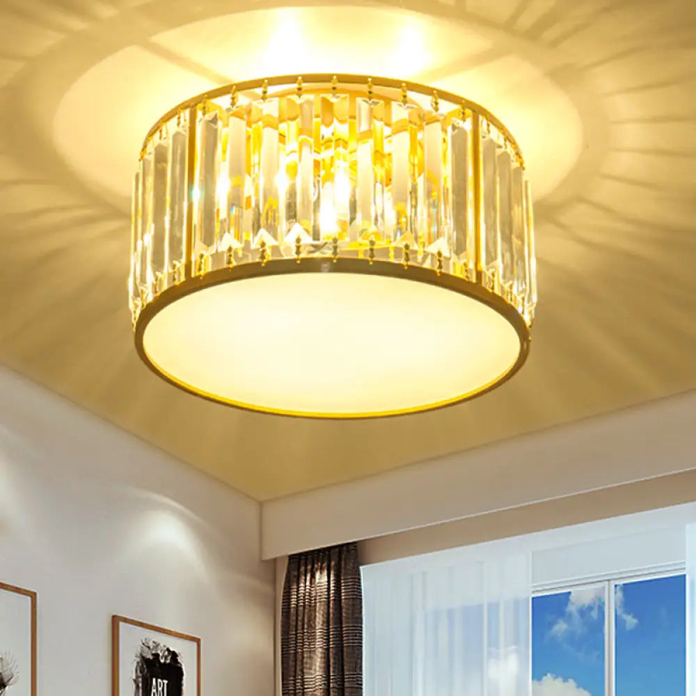 Crystal Flush Mount Lighting With Drum Shade - Gold 3/4/5 Lights 12.5’/16.5’/20.5’ Wide / 12.5’