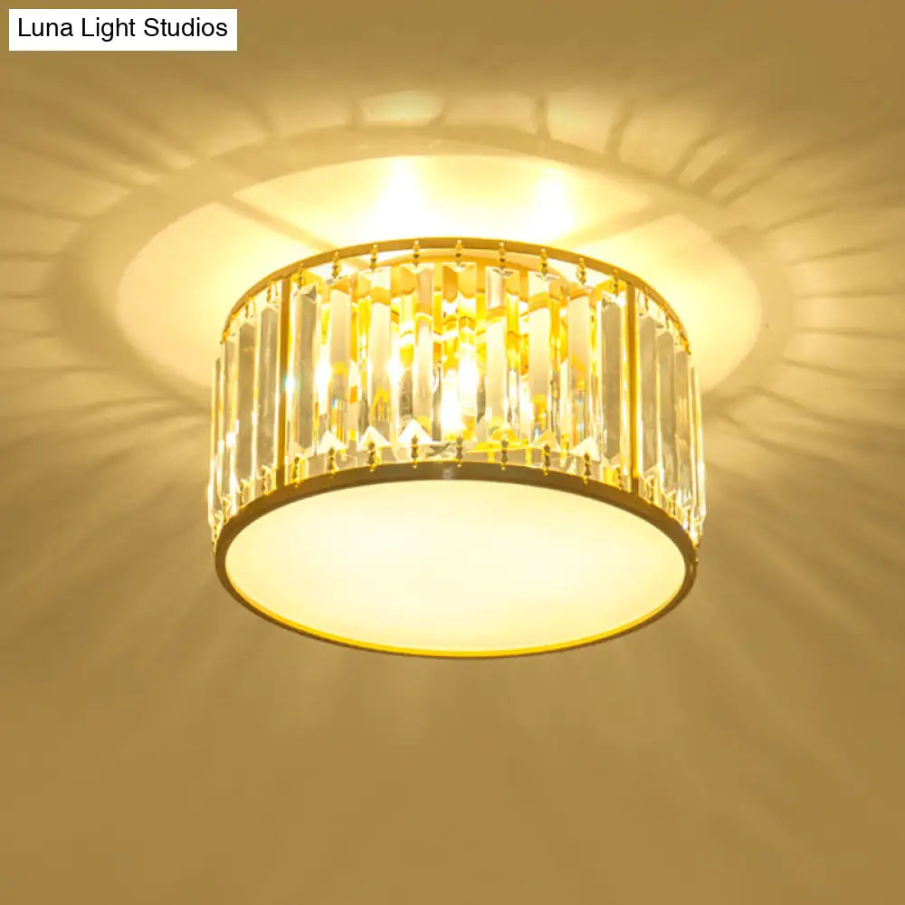 Crystal Flush Mount Lighting With Drum Shade - Gold 3/4/5 Lights 12.5’/16.5’/20.5’ Wide