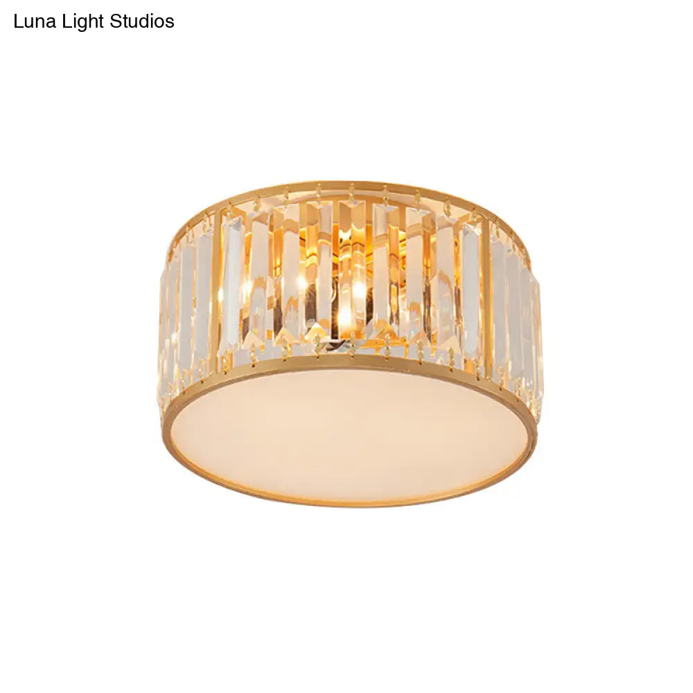 Crystal Flush Mount Lighting With Drum Shade - Gold 3/4/5 Lights 12.5/16.5/20.5 Wide