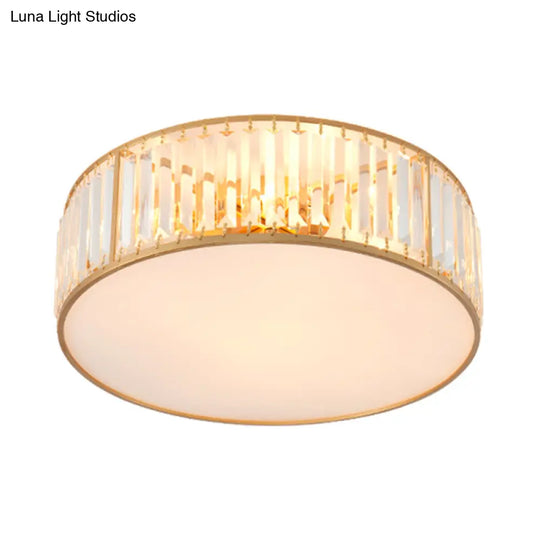 Crystal Flush Mount Lighting With Drum Shade - Gold 3/4/5 Lights 12.5’/16.5’/20.5’ Wide
