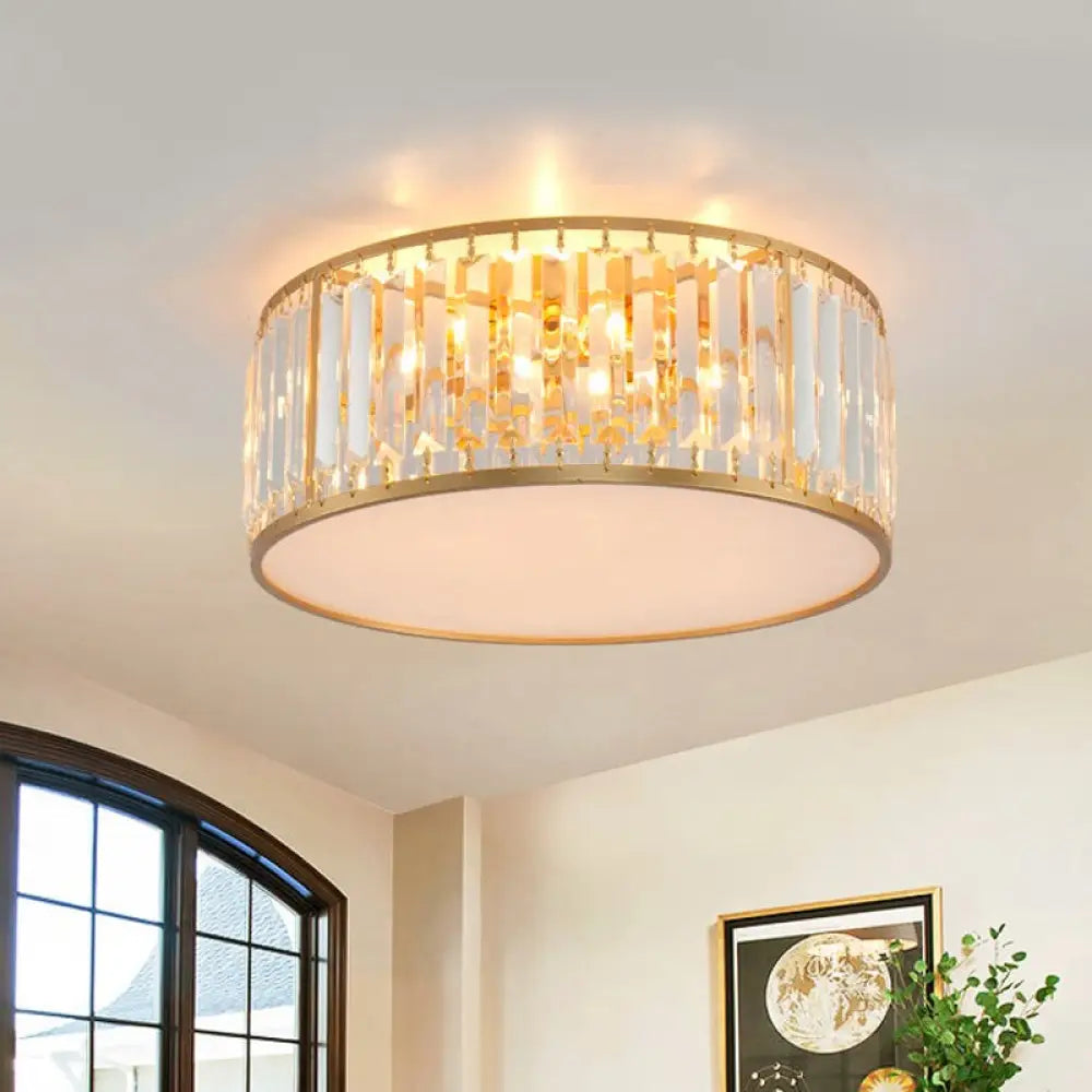 Crystal Flush Mount Lighting With Drum Shade - Gold 3/4/5 Lights 12.5’/16.5’/20.5’ Wide / 16.5’