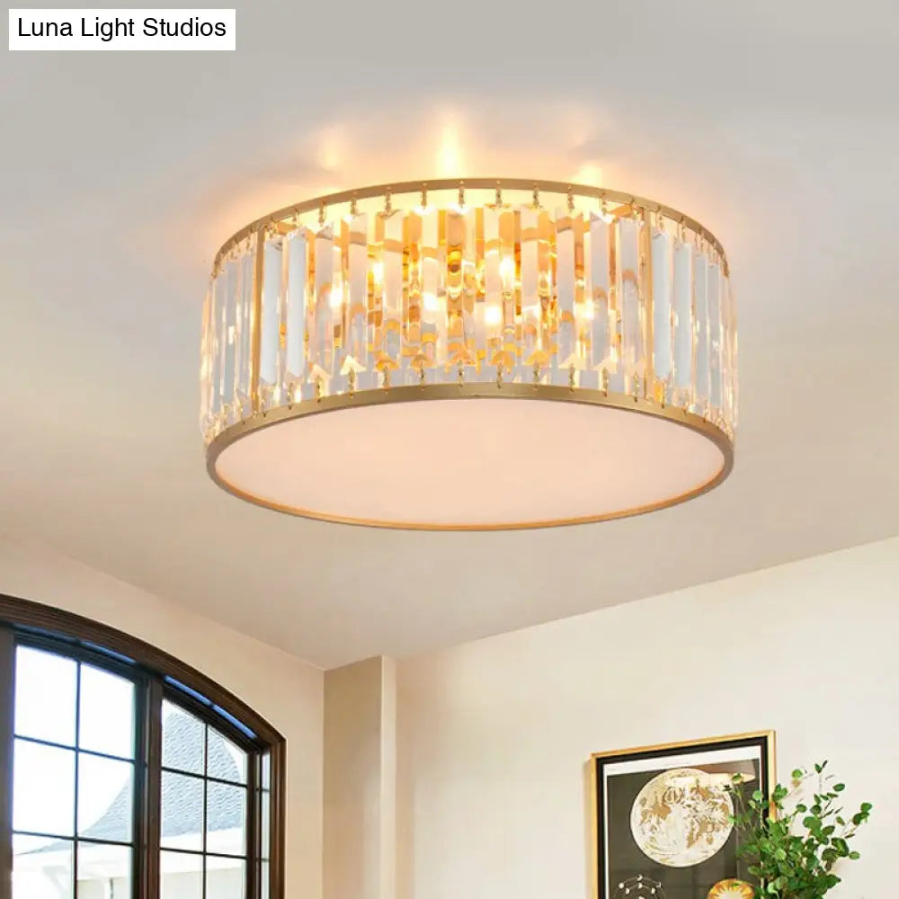 Crystal Flush Mount Lighting With Drum Shade - Gold 3/4/5 Lights 12.5/16.5/20.5 Wide / 16.5
