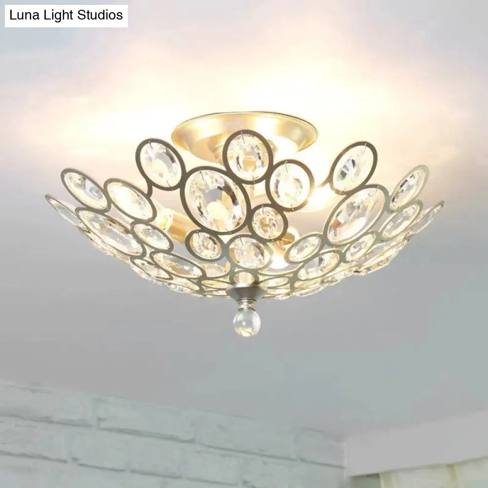 Crystal Flushmount Retro Silver/Gold Bubble Ring Chandelier Lighting - 3-Bulb Clear Faceted Ideal