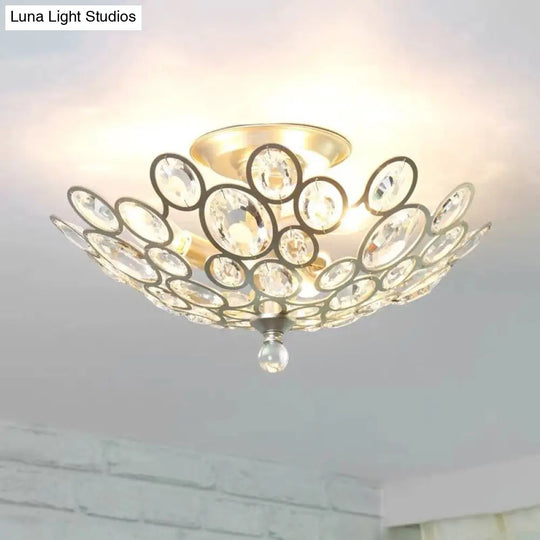 Crystal Flushmount Retro Silver/Gold Bubble Ring Chandelier Lighting - 3-Bulb Clear Faceted Ideal