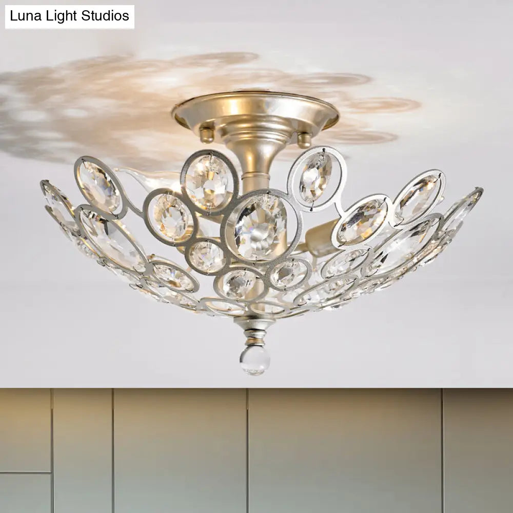 Crystal Flushmount Retro Silver/Gold Bubble Ring Chandelier Lighting - 3-Bulb Clear Faceted Ideal
