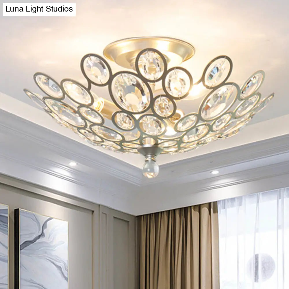 Crystal Flushmount Retro Silver/Gold Bubble Ring Chandelier Lighting - 3-Bulb Clear Faceted Ideal