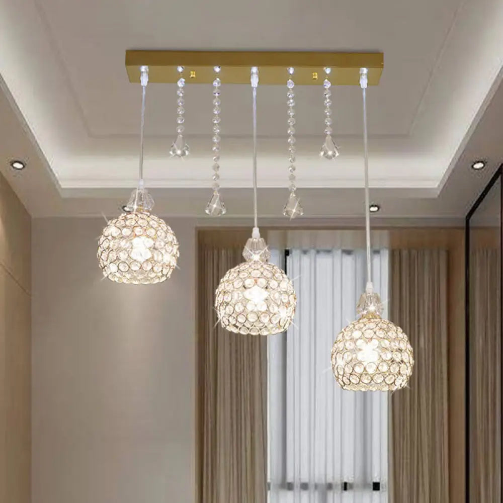 Crystal Globe Corridor Pendant Light - Contemporary Style Ceiling Lamp (Gold 3 Lights) Gold