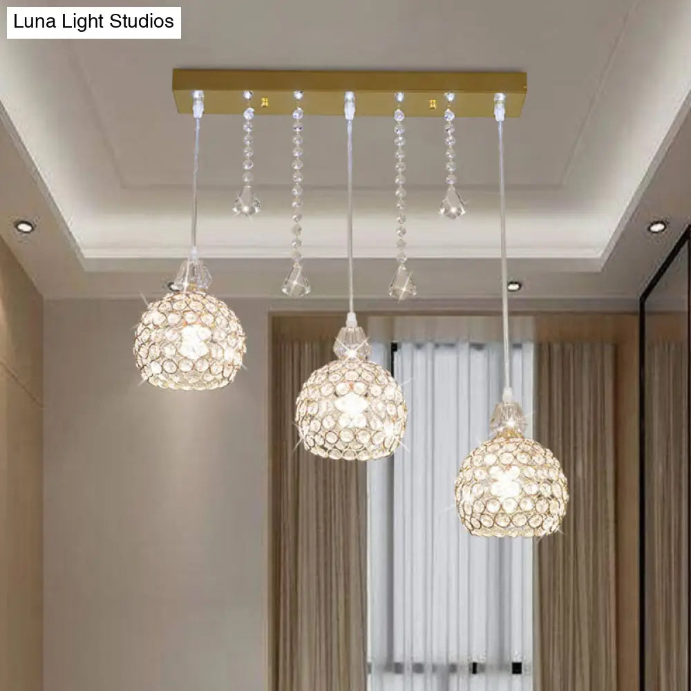 Contemporary Gold Crystal Pendant Lamp - 3 Light Globe Corridor Ceiling Suspension