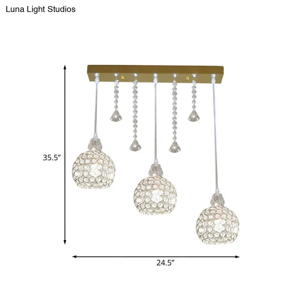 Contemporary Gold Crystal Pendant Lamp - 3 Light Globe Corridor Ceiling Suspension