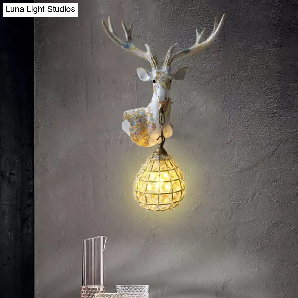 Crystal Globe Sconce Lamp With Deer Deco - Silver/White/Gold Right/Left