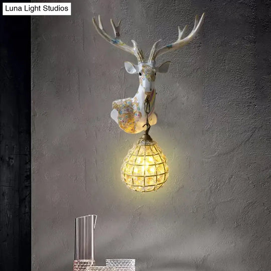 Crystal Globe Sconce Lamp With Deer Deco - Silver/White/Gold Right/Left